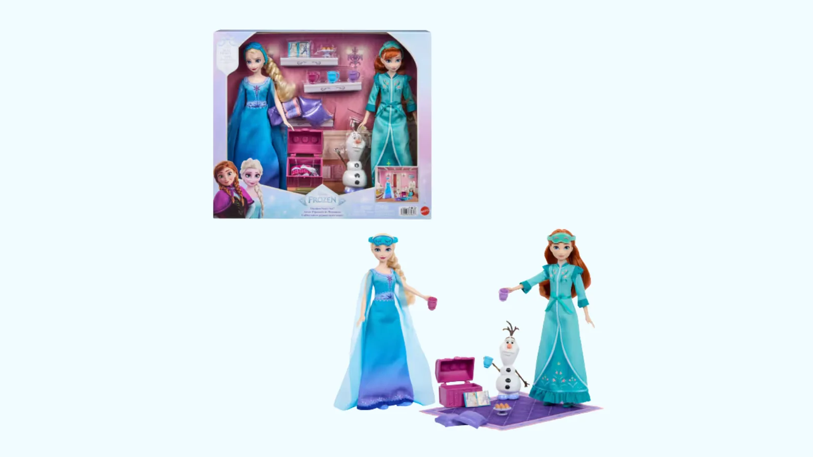 Disney Frozen Slumber Sister Set and toy merchandise