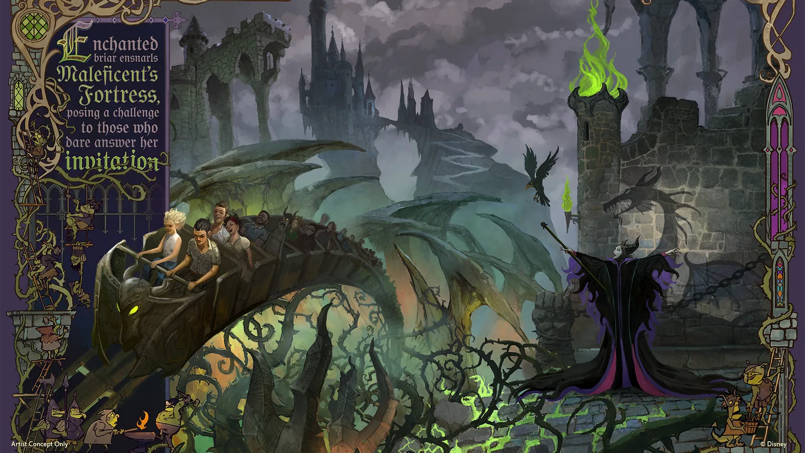 Maleficent's mountaintop fortress with enchanted briars surrounding the roller coaster