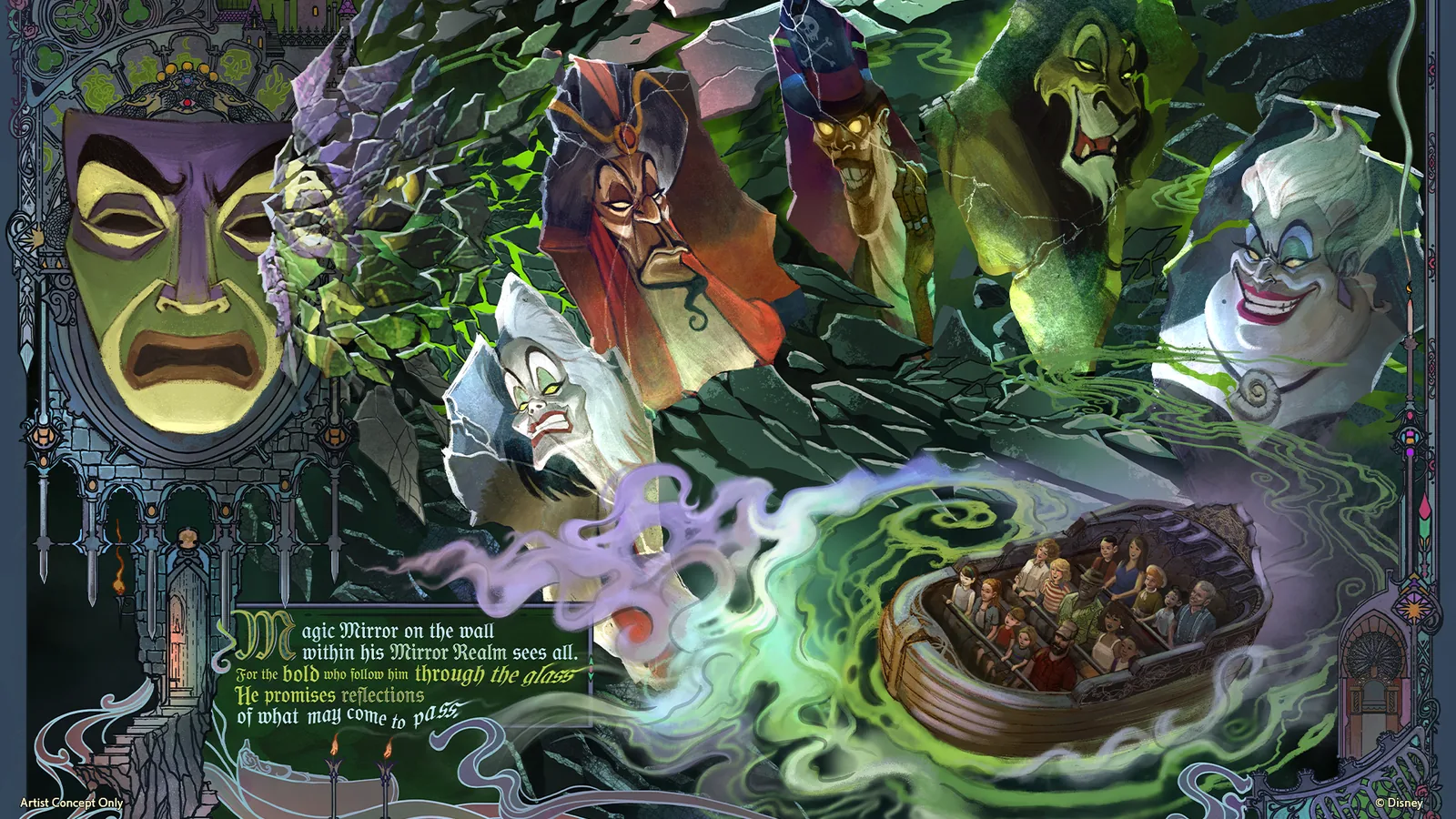 The Magic Mirror guides guests through the Evil Queen's palace catacombs and mystical realm