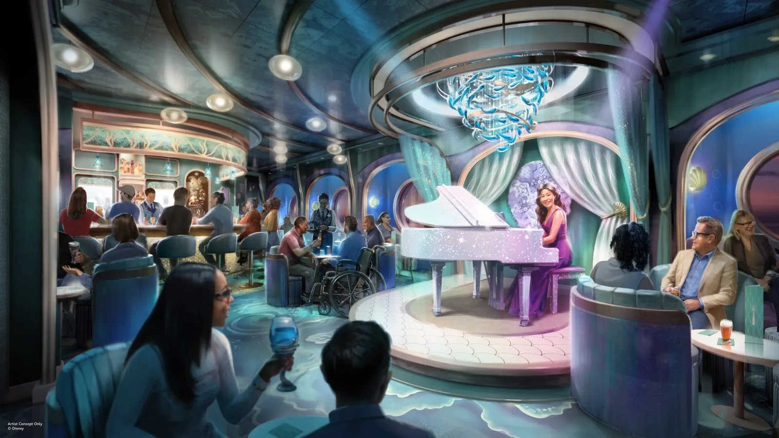 Sea Notes piano lounge inspired by The Little Mermaid's grotto