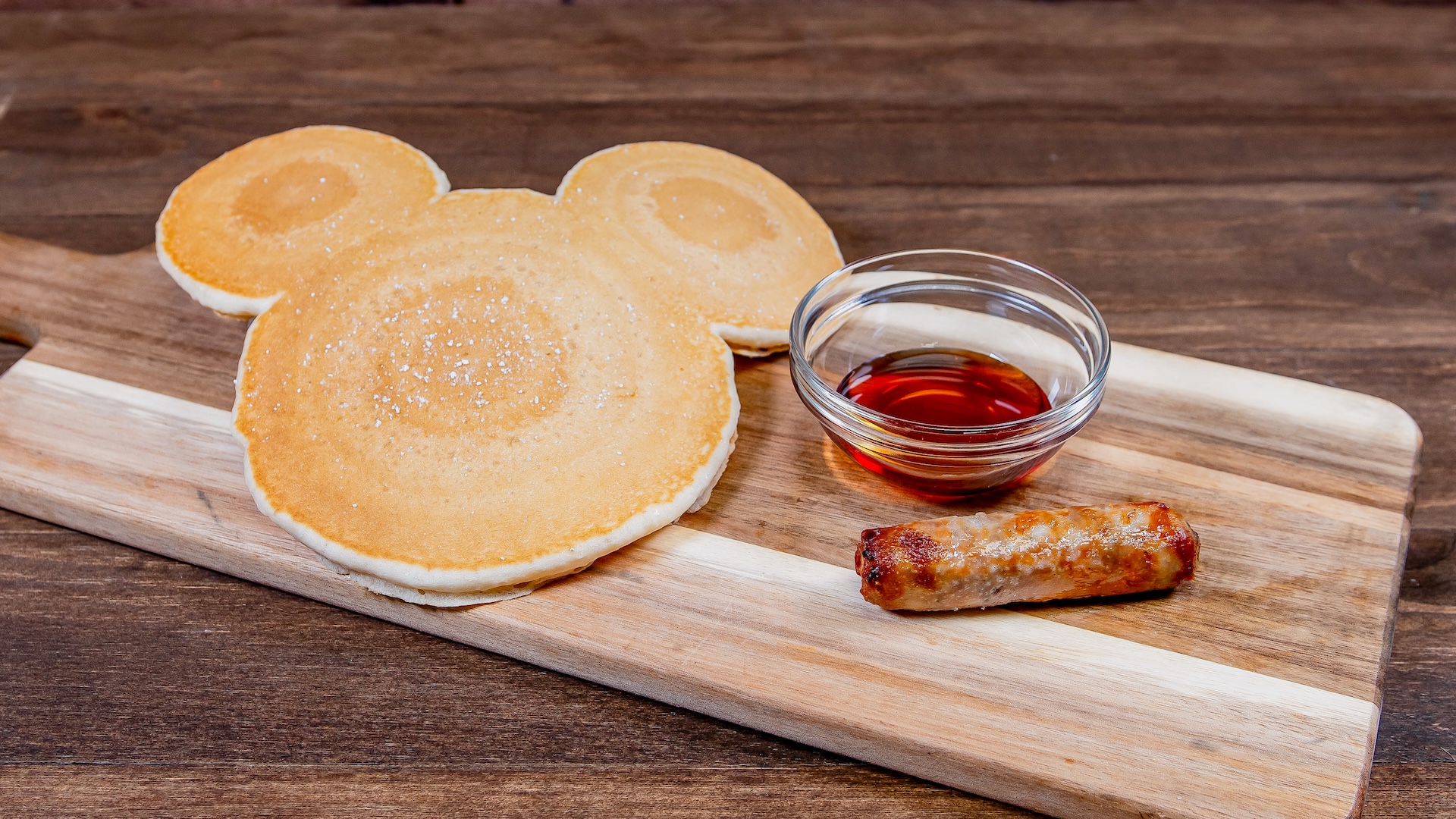 Red Rose Taverne Mickey-shaped pancake with bacon, sausage, or hashbrowns