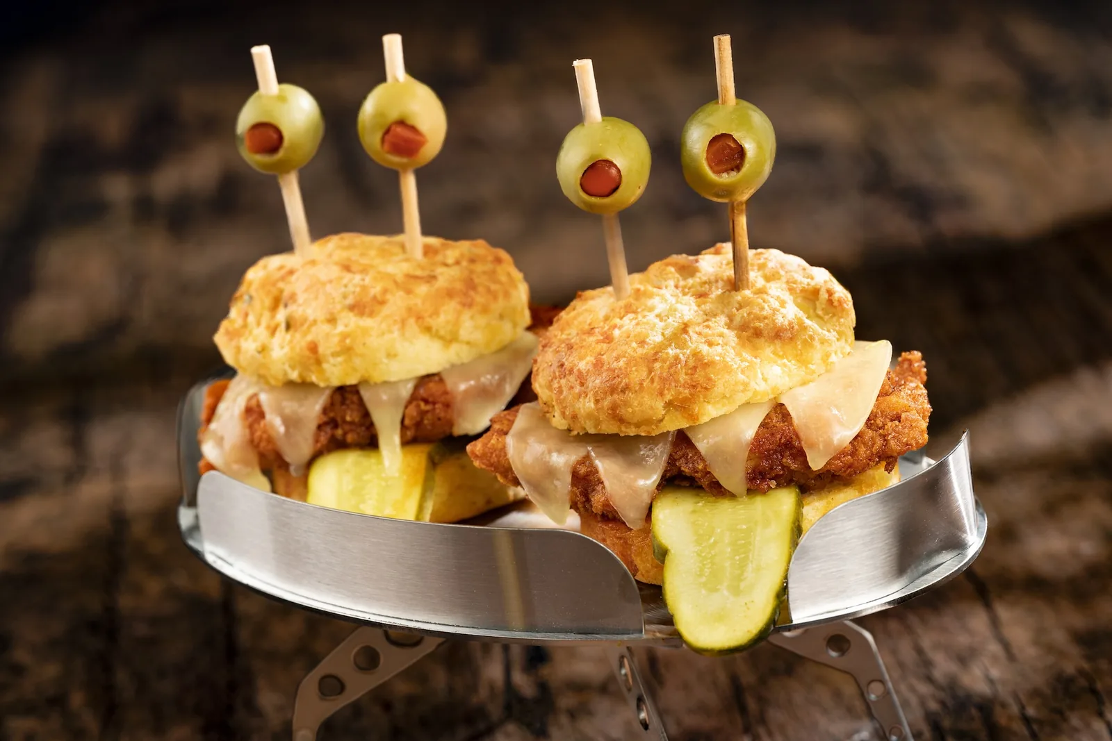 Alien Invader Sliders with Nashville hot fried chicken and cheddar-chive biscuit