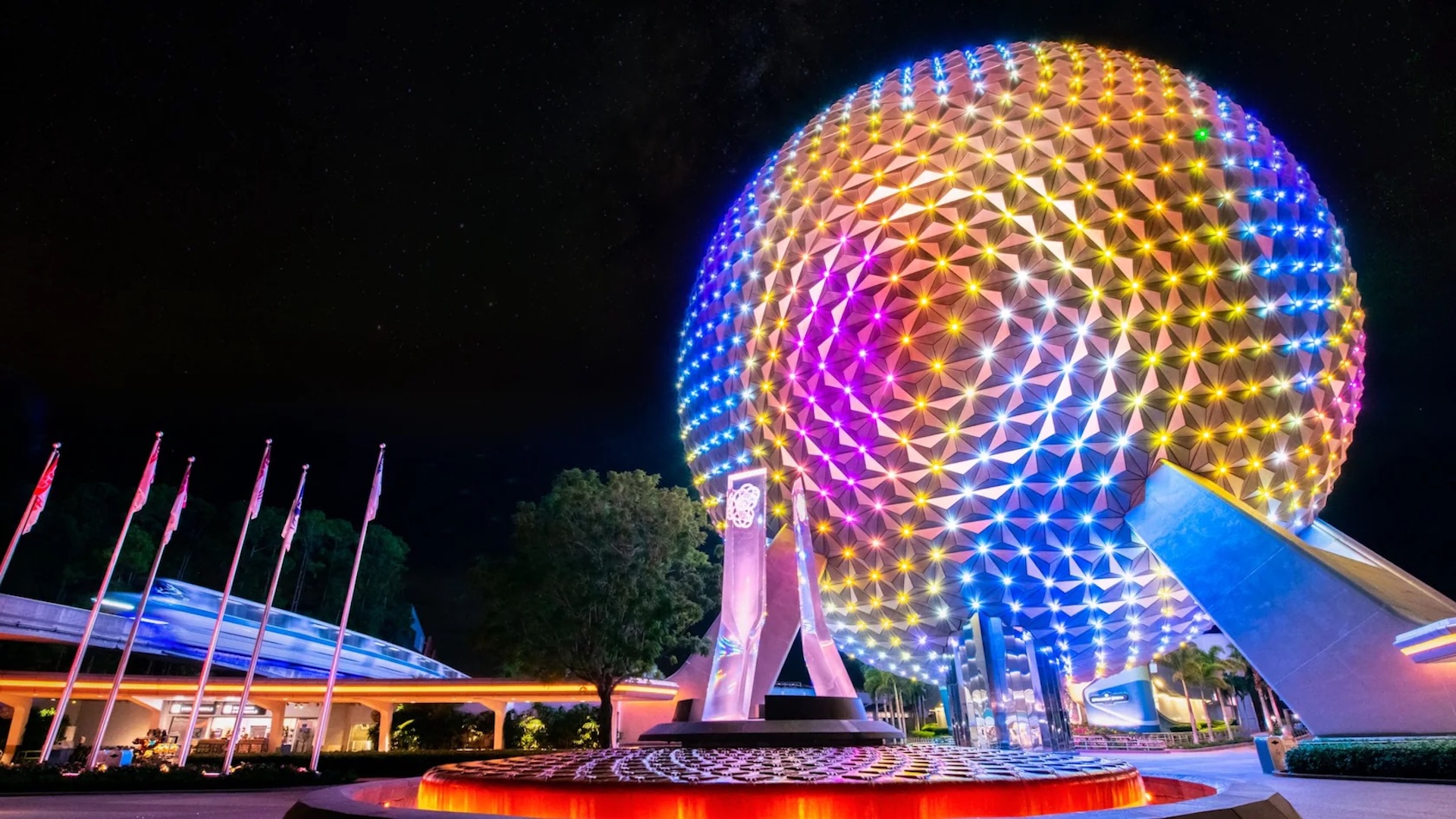 Spaceship Earth illuminated at night