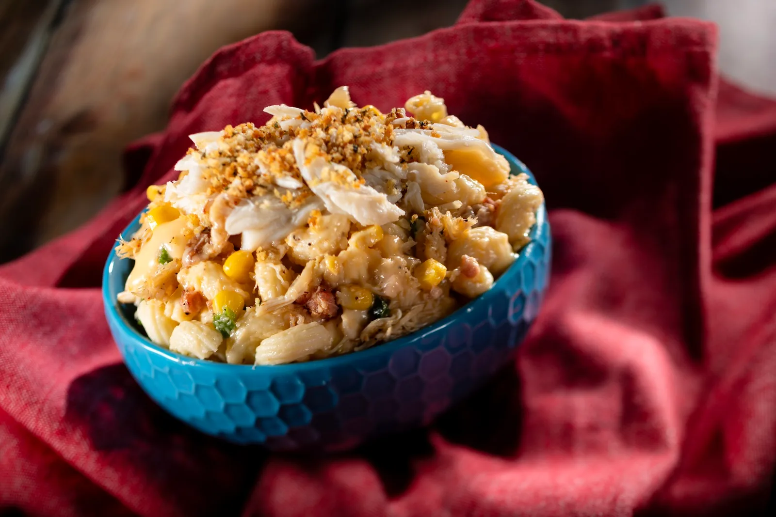 Crab and Corn Macaroni and Cheese with smoked cheddar, bacon, and roasted corn