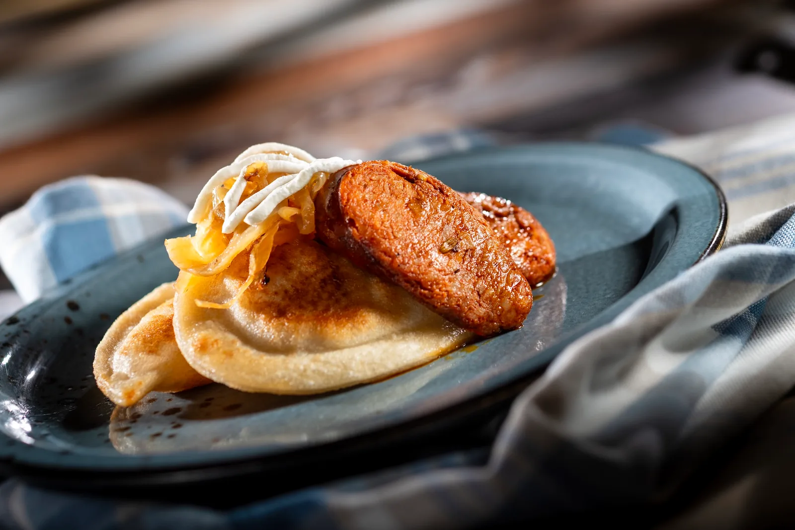Potato Pierogi with kielbasa and sour cream, a throwback to 1996