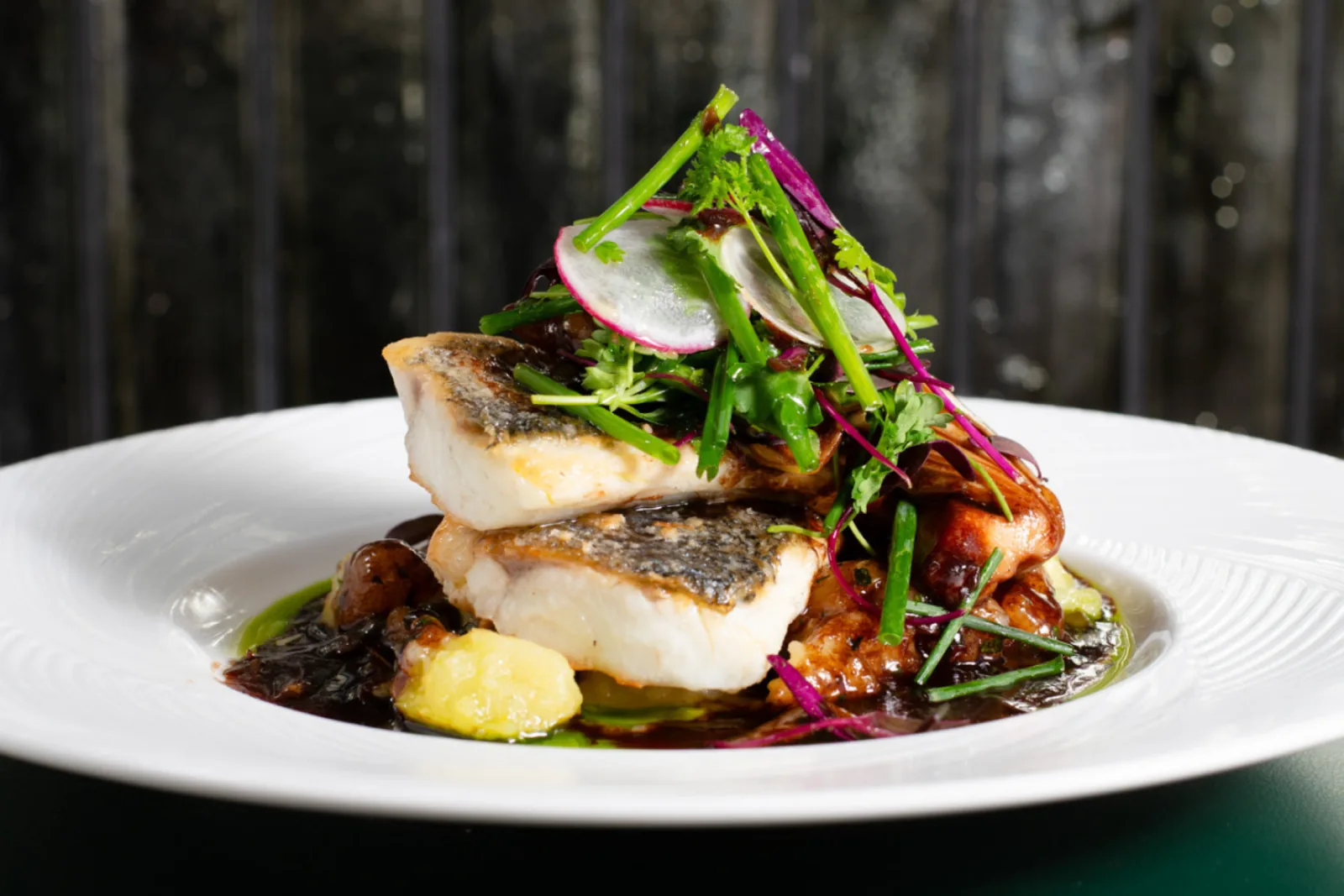 Branzino, one of the globally inspired dishes on the menu