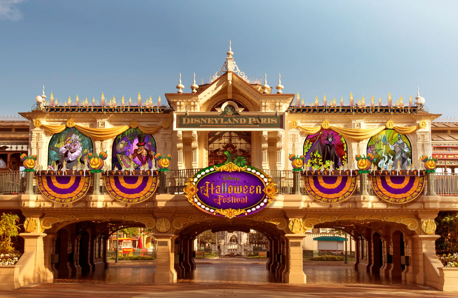 Main Street U.S.A. Halloween decorations with pumpkins and villain-inspired theming