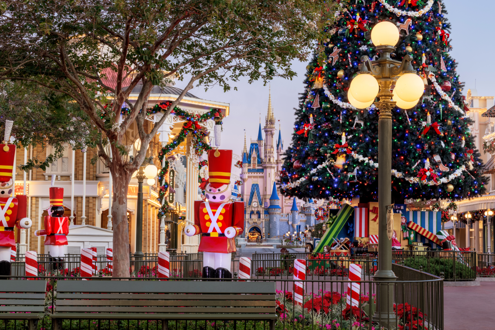 Magic Kingdom castle and Main Street holiday decorations