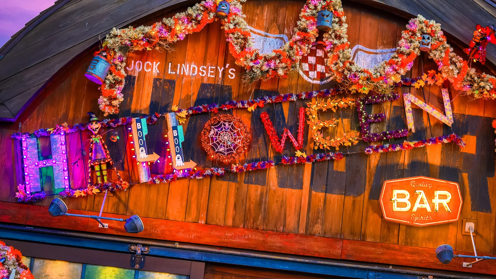 The Halloween-themed sign at Jock Lindsey's Hangar Bar in Disney Springs