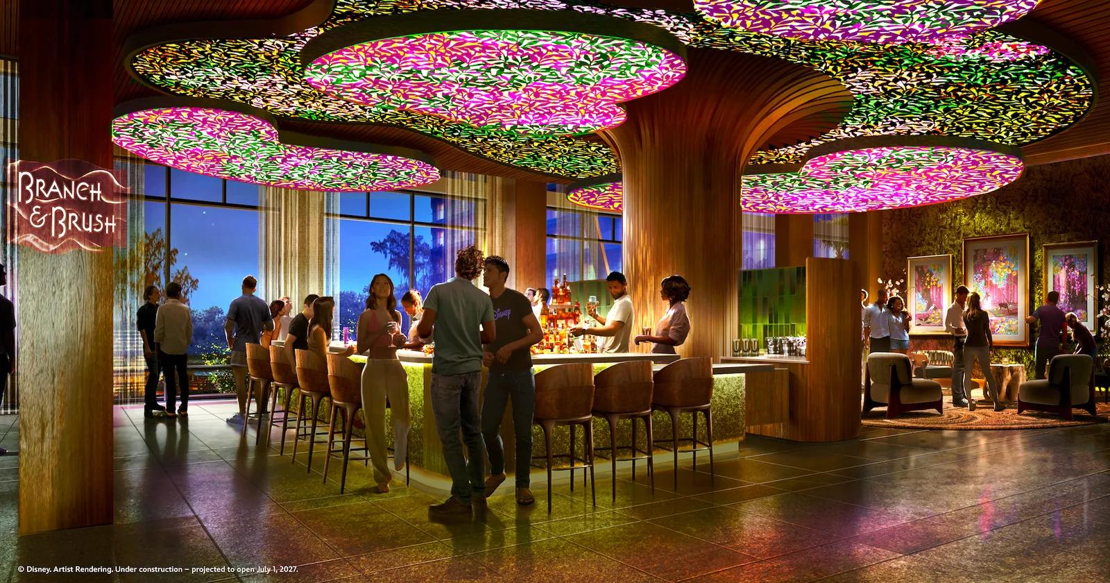 Branch & Brush lounge with handcrafted cocktails and the color-changing seasonal chandelier