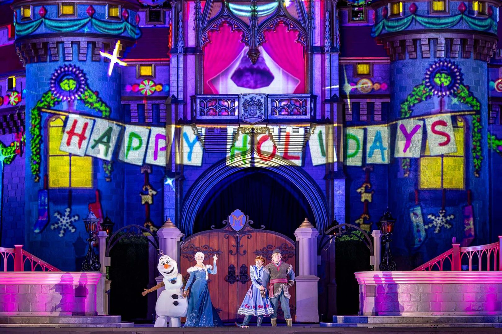Frozen Holiday Surprise castle show with Elsa and Anna