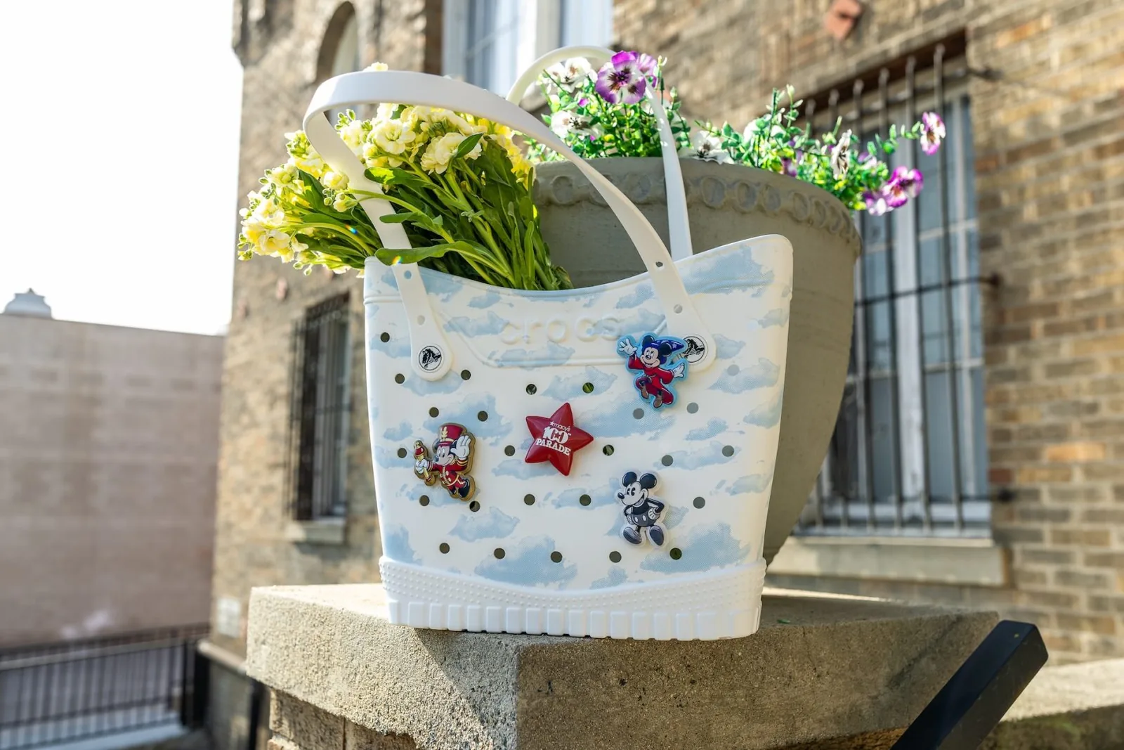 Crocs tote bag with customizable Jibbitz balloon characters