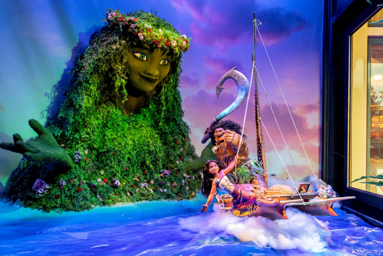 Animated window display featuring Moana on Main Street, U.S.A. at Disneyland