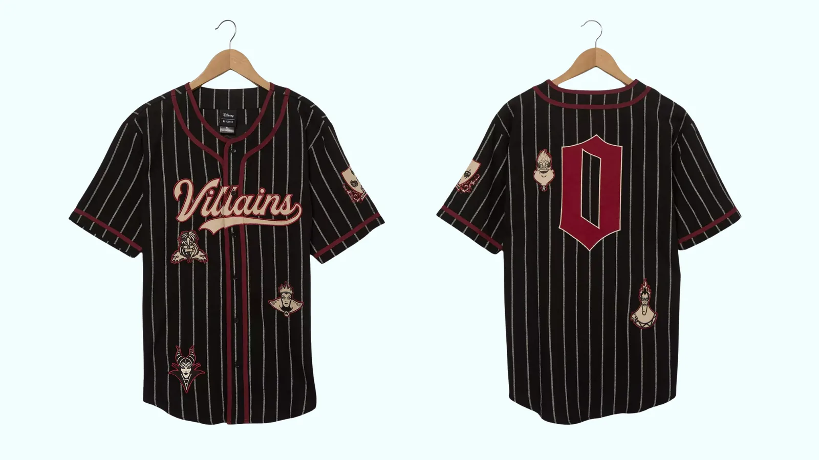 Villains Baseball Jerseys featuring Maleficent, Cruella de Vil, Ursula, Hades, and Evil Queen