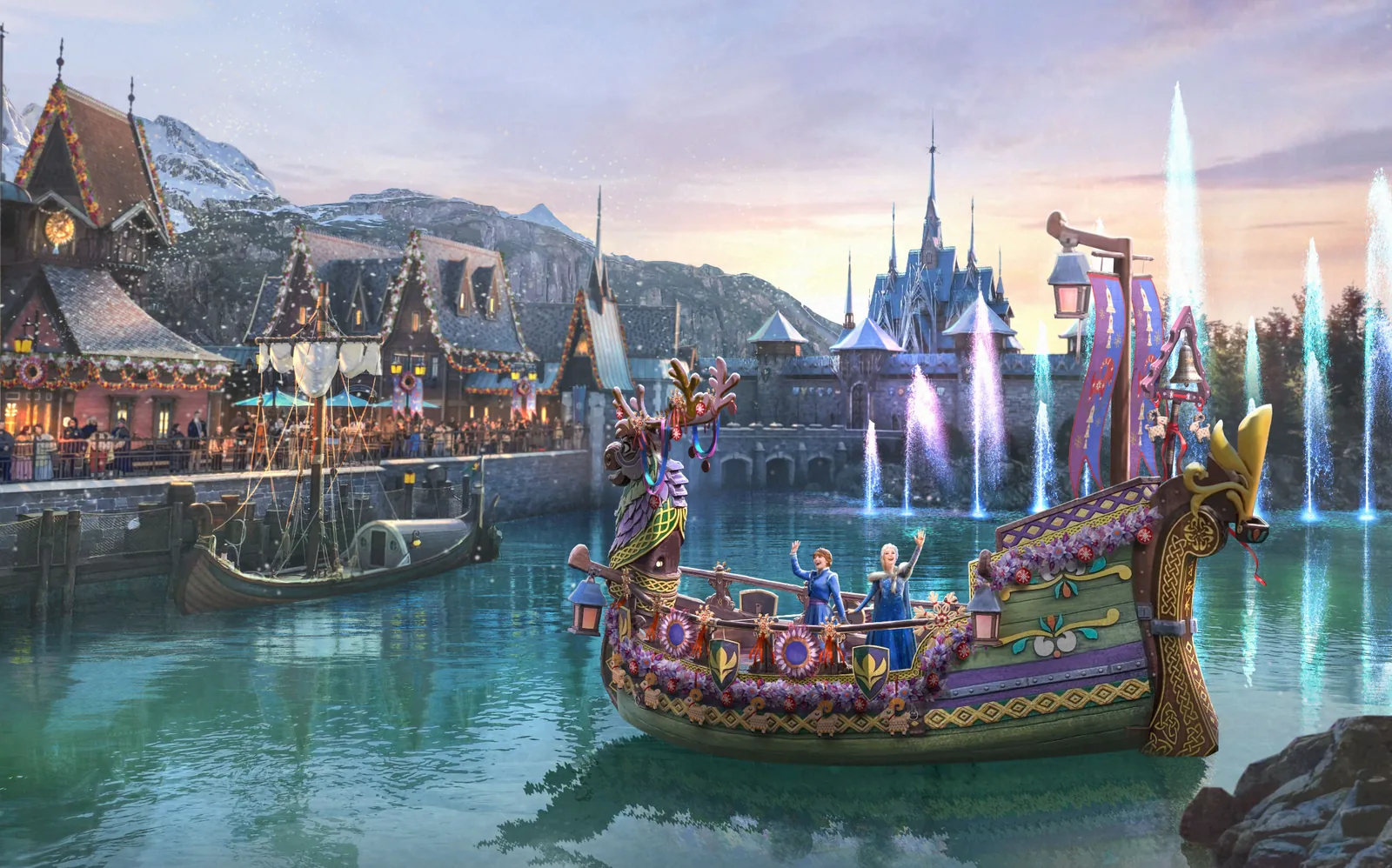 Anna and Elsa in new winter holiday outfits at World of Frozen