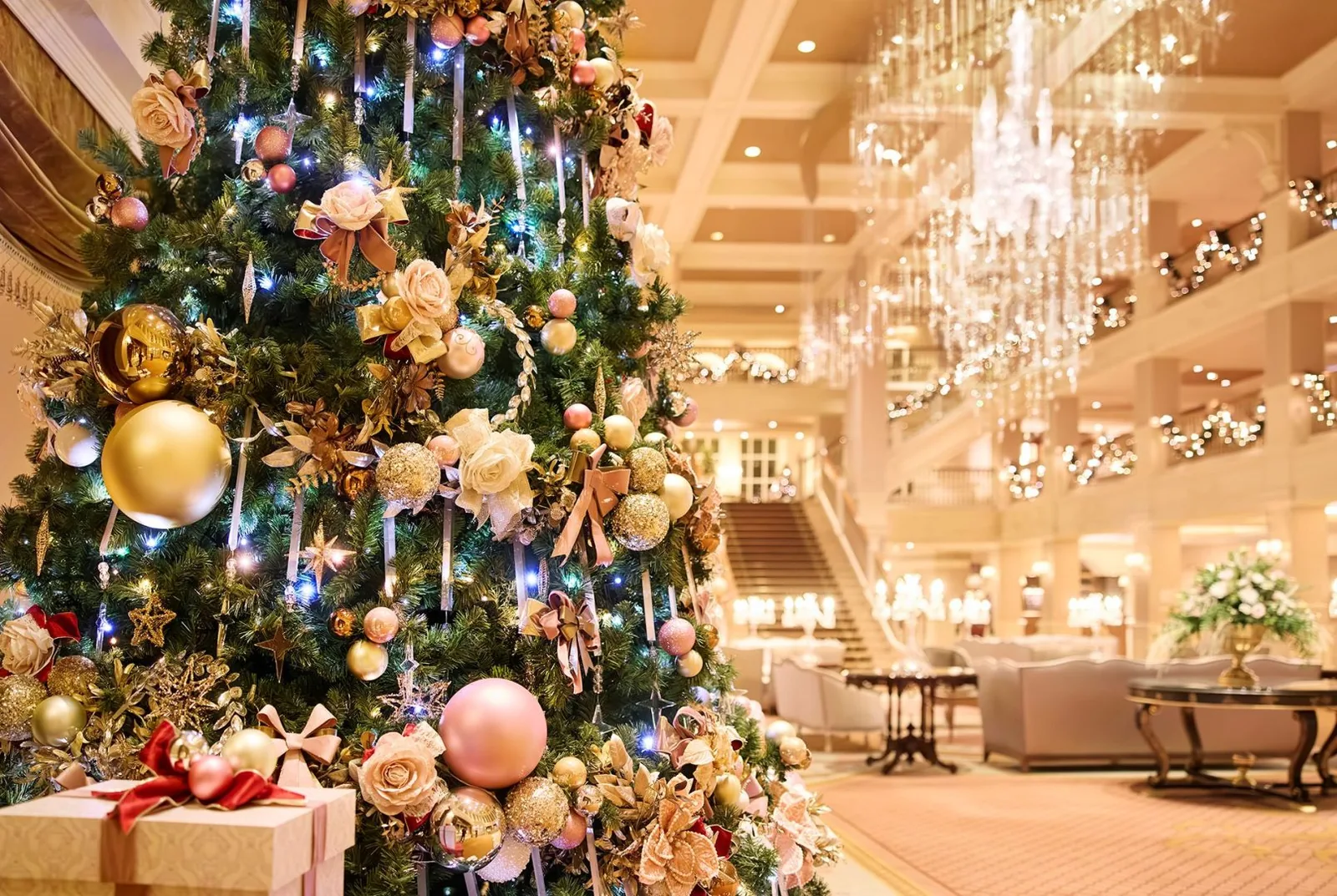 Disneyland Hotel lobby decorated with royal holiday theme